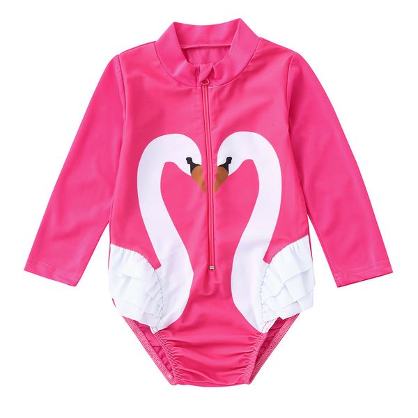 

infant baby girl swimsuit cartoon print girls one-piece swimsuit long sleeve zipper children beach wear kids swimming clothes, Black