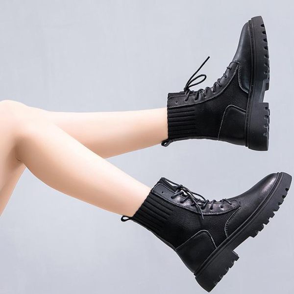 

2020 autumn winter new fashion woman bootsleather lace up british high-boots thick bottom casual shoes, Black
