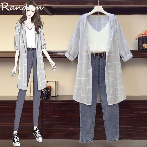 

autunmn women three piece sets plaid long shirt and knit vest and jean pant suit large plus size tracksuit outfit clothing, Gray