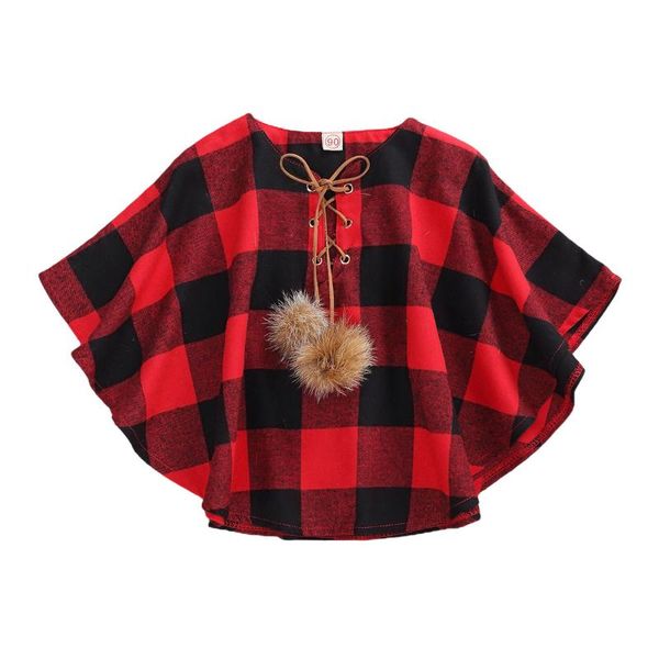 

coat spring autumn infant kids plaid cloak knitted long sleeve fur ball strap decoration adjustable loose cardigan dress, Blue;gray