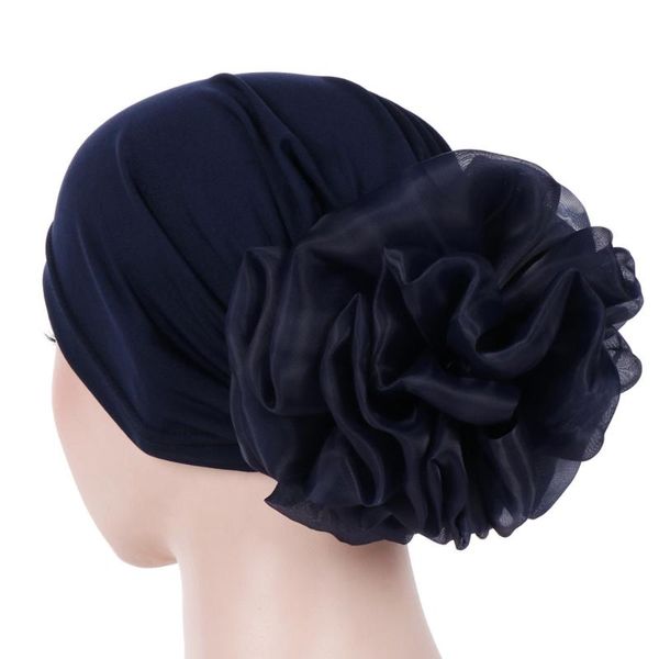 

muslim monochromatic big flower headscarf hat european and american milk silk baotou hat plate flower hats for women, Blue;gray