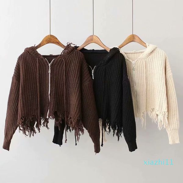 

new women's sweater black beige zipper knitted female casual hole street wear spring fall winter clothes women, White;black