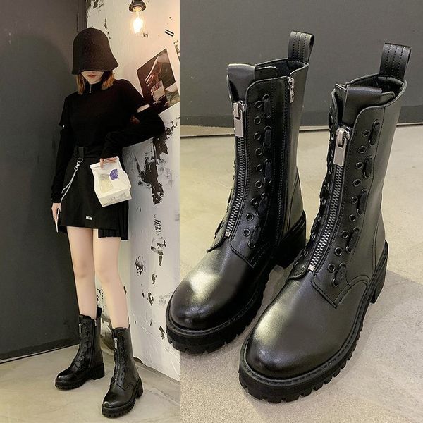 

aq531 autumn new front zipper boots mid high female british style thick heel platform female motorcycle boots work, Black