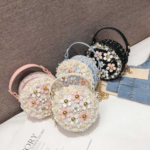 

flower shoulder bags children pu leather messenger bag girls crossbody bag kids small round satchel handbags for children gift, Slivery;white