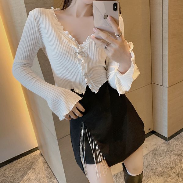 

real s~ real price v-neck trumpet long sleeve bow drill button cardigan water diamond chain tassel split skirt suit, Gray