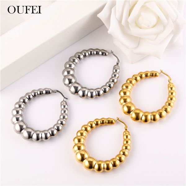 

oufei stainless steel earrings for women bead hoop earrings set of women fashion jewelry accessories gifts for girls, Golden;silver