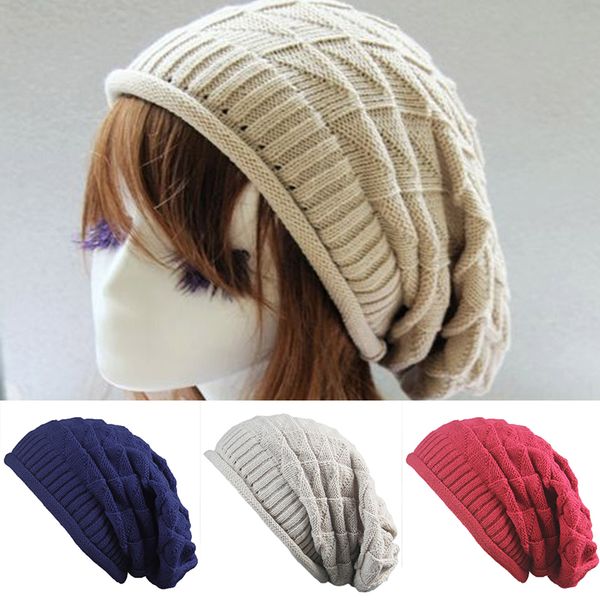 

rhombic women warm wool cap knit hat fashion ski slouchy cap baggy winter men new 1pc, Blue;gray