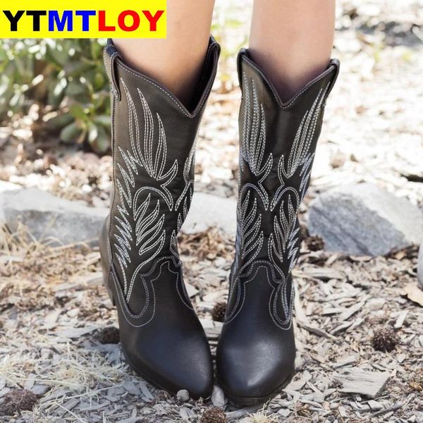 

2020 women mid calf western boots cowboy pointed toe knee high pull on boots ladies fashion leather motorcycle botas mujer, Black