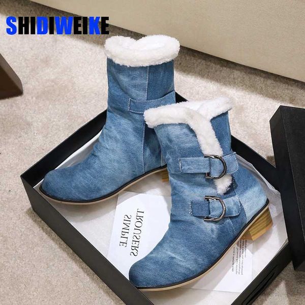 

2020 winter snow boots chunky heels blue black denim warm plush booties buckle womens shoes faux fur ankle boots ac012