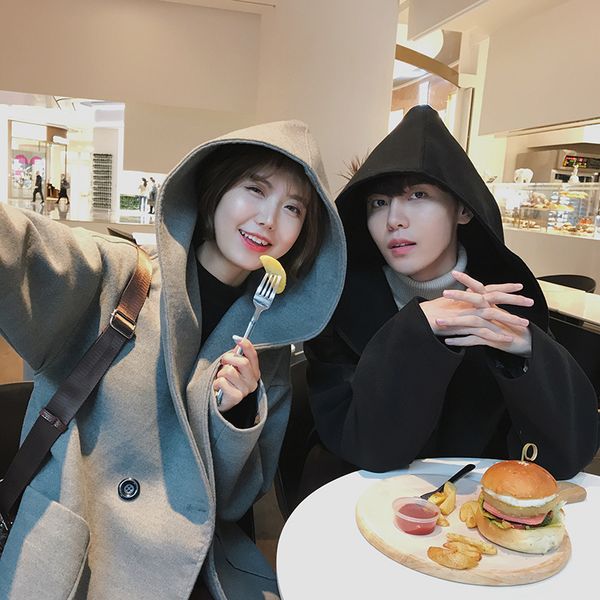 

2020 winter new korean version of the trend of men's loose hooded long couples solid color casual woolen coat, Black