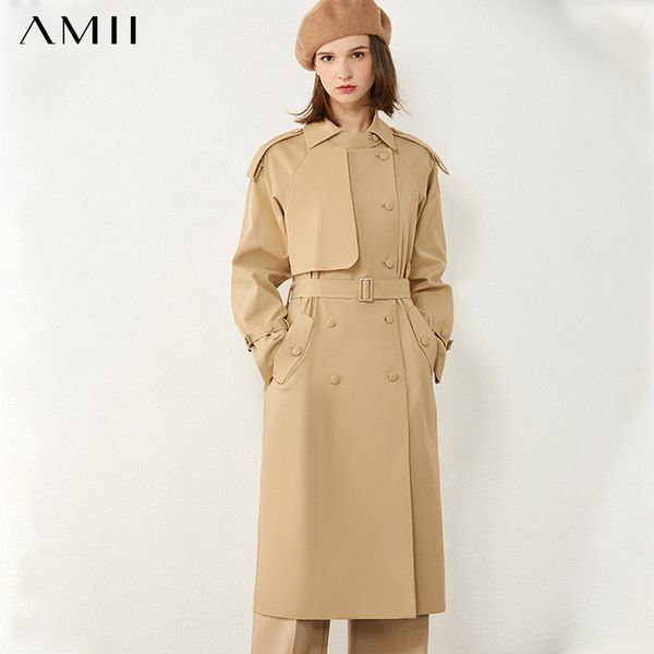 

amii minimalism autumn women's windbreaker british style lapel double breasted belt coat calf-length female overcoat 12040602, Tan;black
