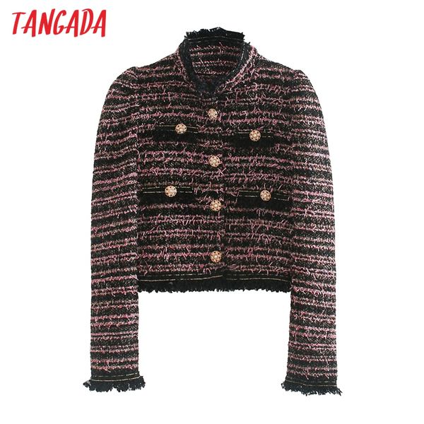 

tangada women tweed jacket coat pearl decorate tassel ladies long sleeve female slim autumn coat 5z214, Black;brown