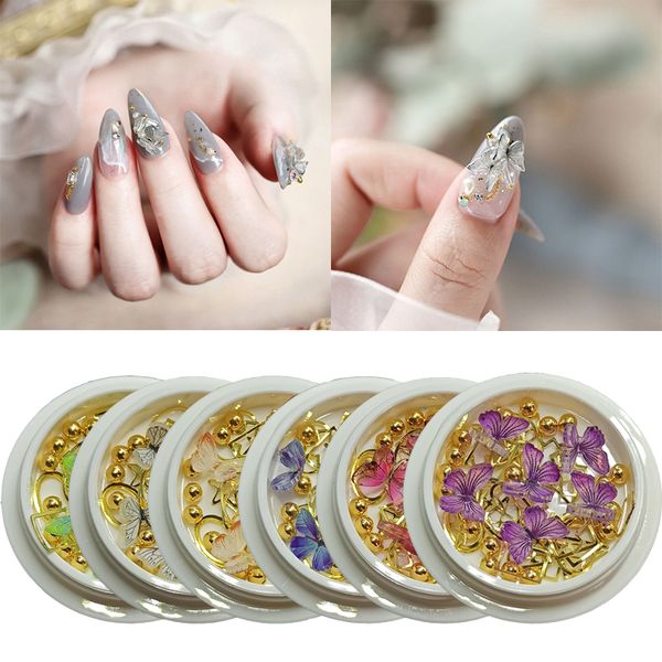 

1 box of nail art accessories butterfly rivets round beads mixed shape combination small magic box diy nail decorations, Silver;gold