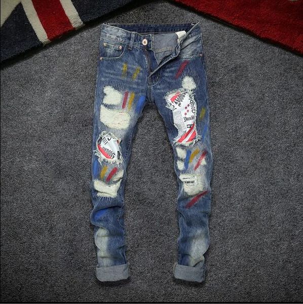 

28-36 2020 men jeans male tide hole foot patch straight denim trousers bigger sizes printed flag buff pants, Blue