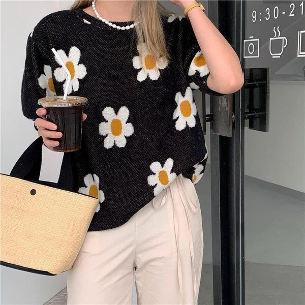 

2020 patchwork daisy jumpers black new women ol high waist casual retro short sleeves pullovers short sweaters, White;black