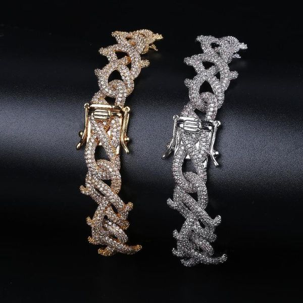 

men zircon crown of thorns cuban link bracelet hip hop jewelry gold silver color thick heavy copper material cz chain for gift, Black