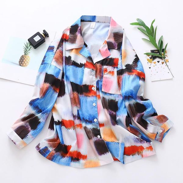 

women blouse chiffon retro chic ghost horse series oil painting color niche printing loose lazy long-sleeved female shirts, White