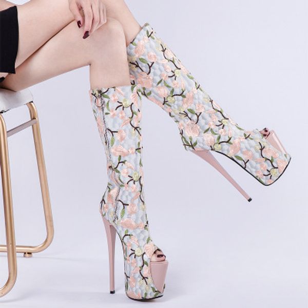 

summer retro embroidered women's shoes large size ethnic style high heel high boots women's boots, Black