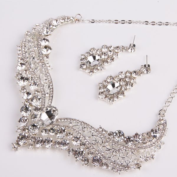 

new arrival wedding jewellery set diamond large crystal necklace earrings jewelry set accessories lady gift, Silver