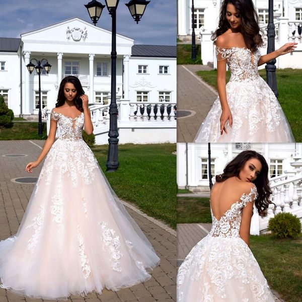 

V-neck Neckline OFF the Shoulder Applique A-line Wedding Dress Backless Court Train Bridal Dress IllusionTulle vestido de novia