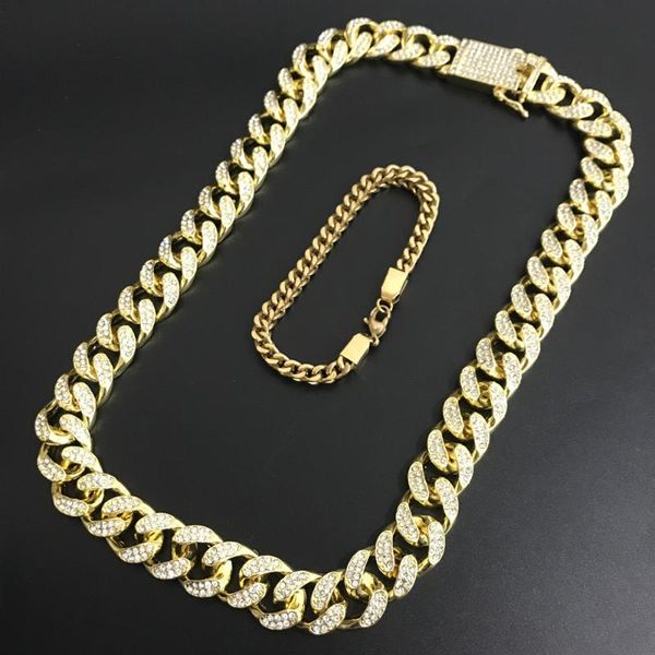 

hip hop men necklace gold color out cuban crystal miami chain men necklace & bracelet set hip hop set for, Silver