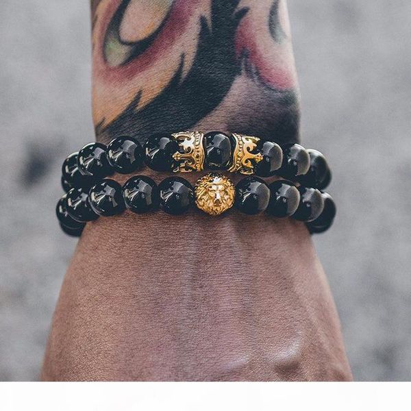 

mcllroy men bracelet lion head with crown bracelets 8mm natural stone beads bracelet pave cz crowns men women jewelry pulseras, Black