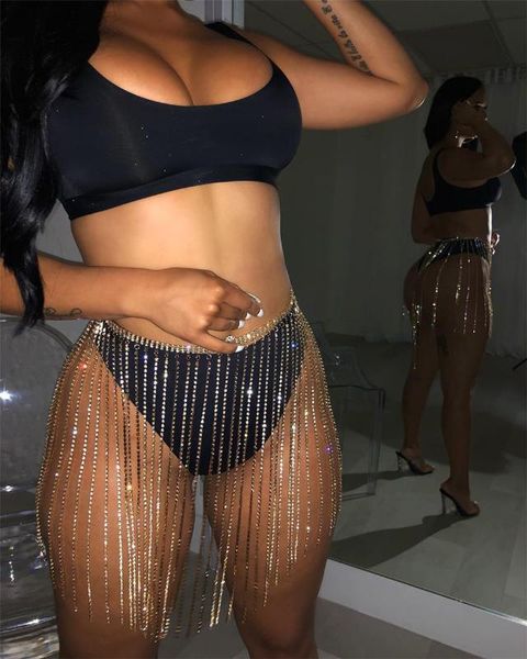 

silver gold alloy waist chain for women bling rhinestone fringe tassel skirt body chain summer beach party stage show jewelry, Black;brown