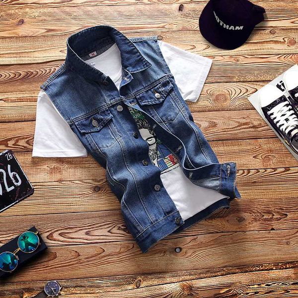 

2020 teenagers cultivate one's morality men's casual denim vest boom lapel pure color cowboy vest, Black;white