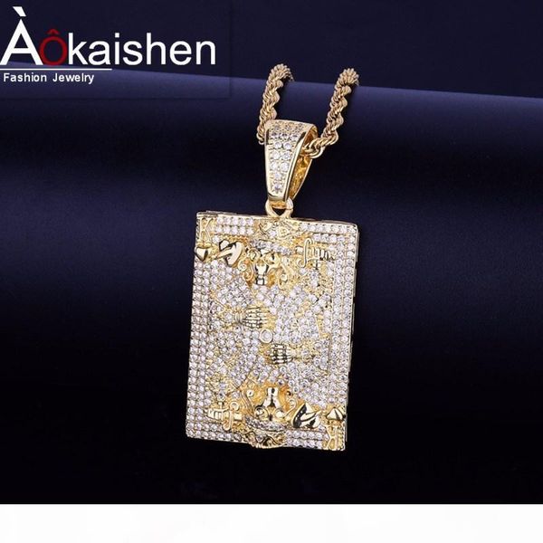 

men's king of hearts skull face playing cards iced out pendant necklace rope chain gold color zircon men's hip hop jewelry, Silver