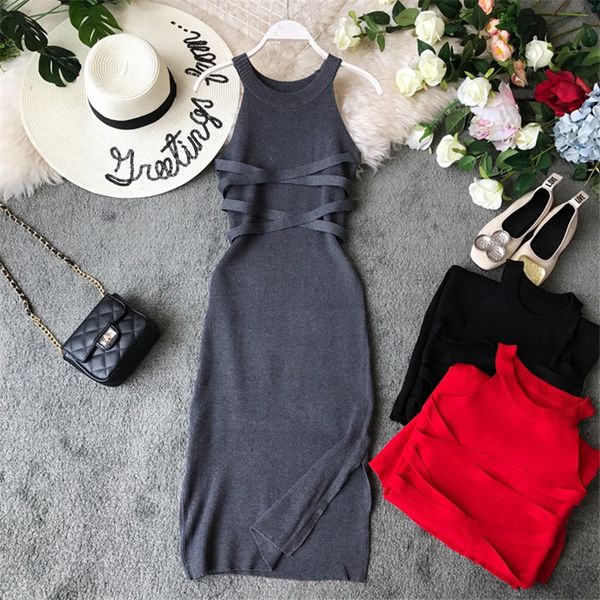 

vestidos solid knitting stretch bodycon dress 2020 halter sleeveless summer dresses korean high waist robe femme nigh dress, Black;gray