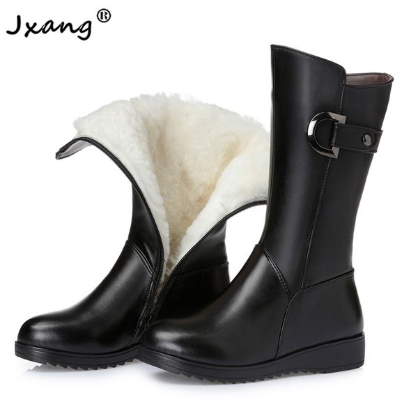 

jxang new wool snow boots women warm genuine leather shoes plush fur warm fashion zipper high boots platform women winter, Black