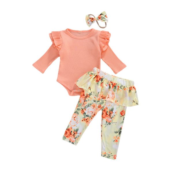 

0-18m spring autumn infant kids baby girls outfit sleeve solid romper+floral long pants+bow headwear 3pcs set, White