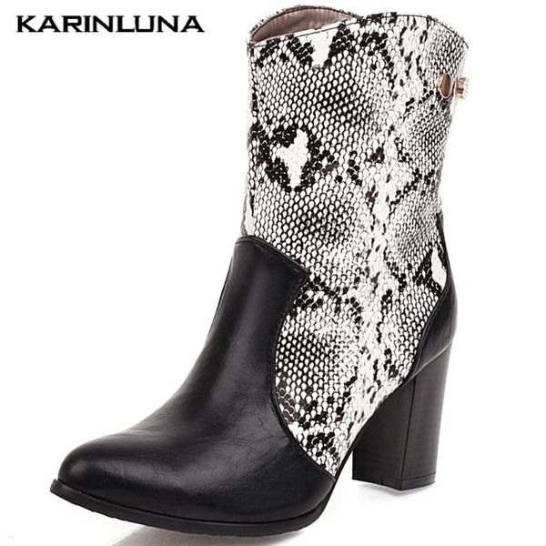 

women's new arrivals plus size 43 winter shoes fashion high heels slip on patchwork snake printed western boots, Black