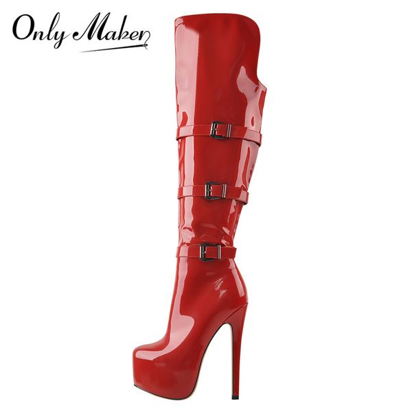 

boots onlymaker women's platform round toe stiletto side zipper knee high boots16cm heel patent leather red long for winter, Black