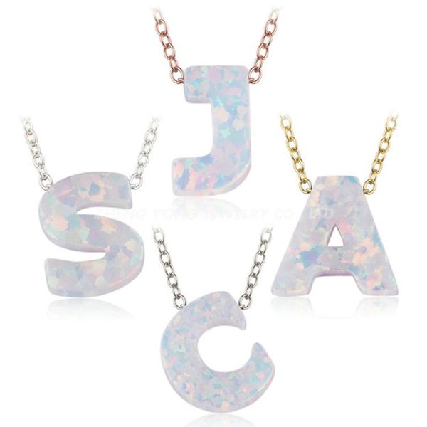 

op17 white 26 letters opal necklace initial synthetic opal necklace with gold plated brass chain, Silver