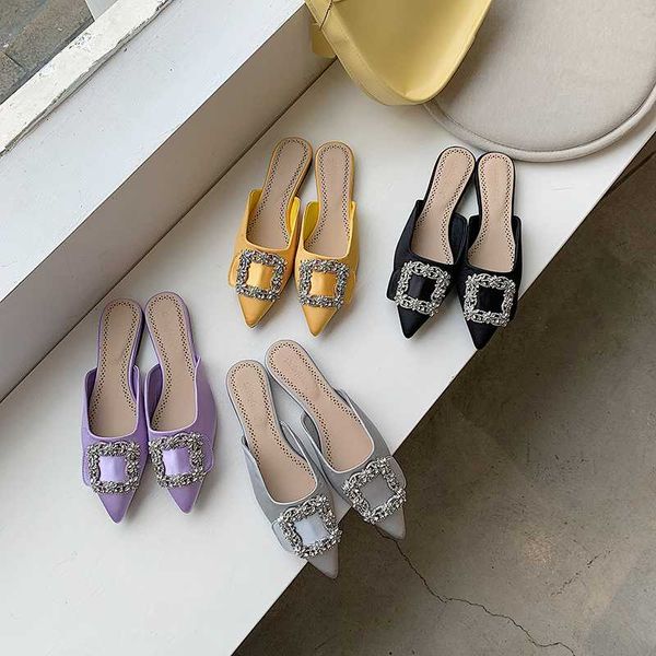 

rhinestone women slippers pointed toe elegant satin fashion flats shallow slides mules shoes flats mules casual outdoor slides, Black