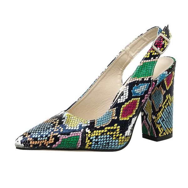 

high heels sandals women 2020 multicolor snake women's pointed toe sandals square high heel shoes back buckle casual, Black