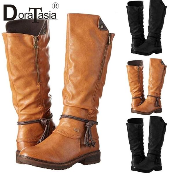 

doratasia ретро девушки круглый toe brand зимние сапоги 2020 металл boots женщины шитье металл zipper низкий каблук mid теленок обувь женщин, Black
