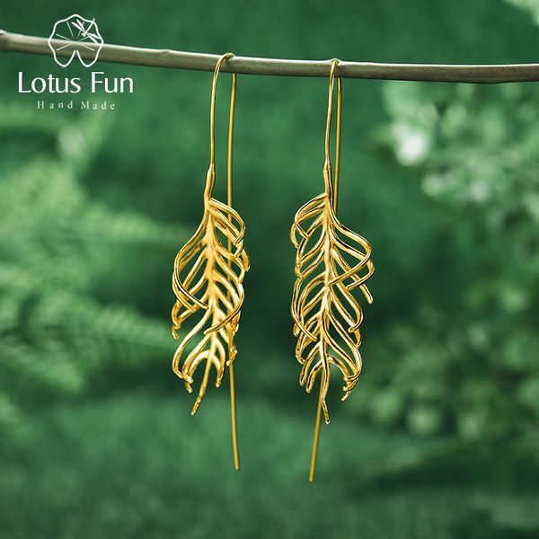 

lotus fun fashion creative fern leaves drop earrings real 925 sterling silver 18k gold earrings for women handmade fine jewelry, Golden
