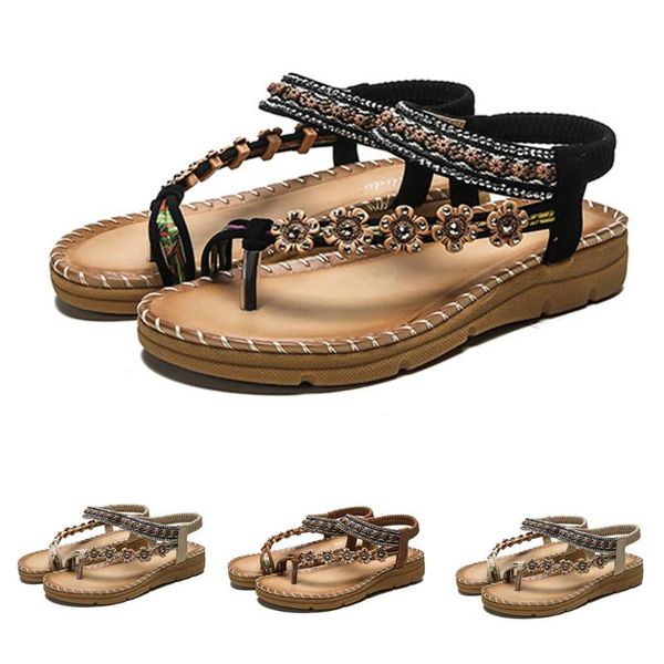 

women shoes 2020 fashion flower women sandals elastic t-strap bohemia beaded slipper flat sandals summer shoes flip flop, Black