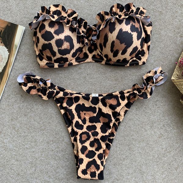 

new lace up ruffled bikini 2019 women bandeau swimsuit female swimwear two pieces bikini set bra cup leopard bathing suit