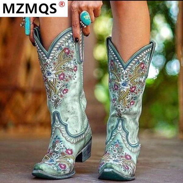 

2020 новая мода осень зима круглый toe высокие каблуки национальный стиль вышитые средние пробки женщин способа boots bottine femme, Black