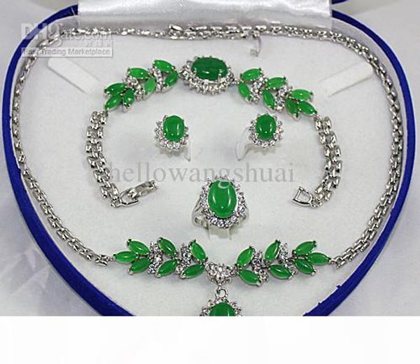 

fashion silver green jade necklace bracelet earring ring sets gemstone jewelry sets, Slivery;golden