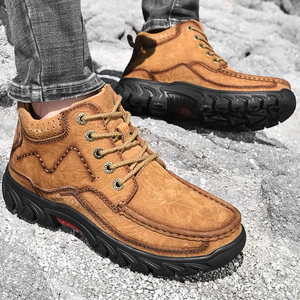 

men ankle boots fur warm genuine leather winter boots lace up outdoor walking mountain waterproof plush men snow, Black
