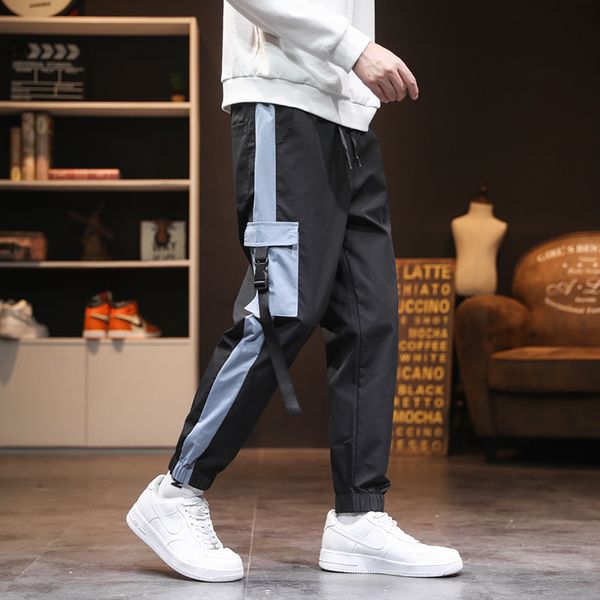 

2020 new hip-hop jogger men's black harem overalls multi-pocket ribbon men's sports pants streetwear casual pants