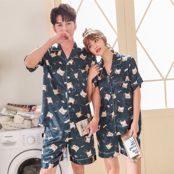 

men's sleepwear printed couple pajamas set satin sleep short sleeve shorts pyjamas suit summer thin nightwear, Black;brown