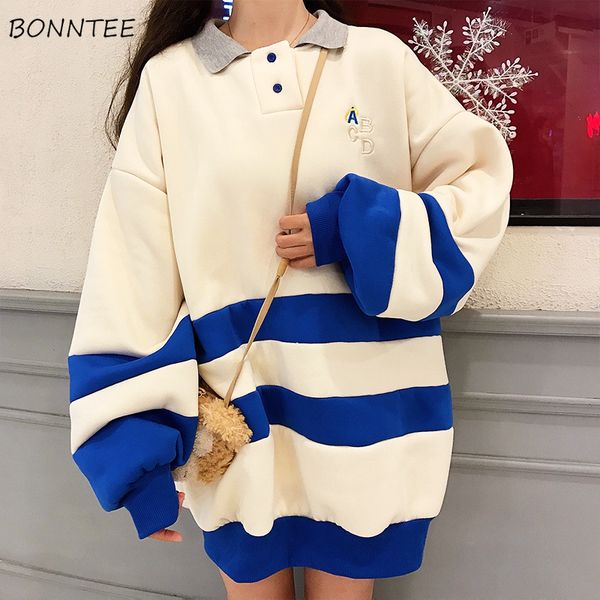 

hoodies women striped long style oversize letter embroidered loose womens hoodie all-match leisure simple kawaii trendy chic new, Black