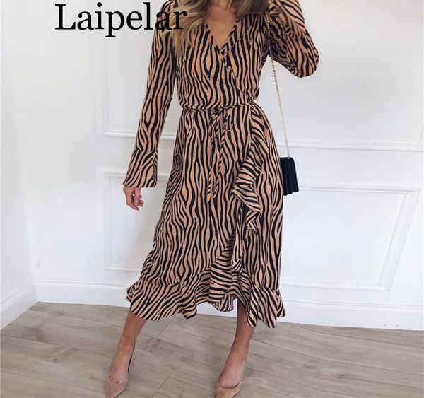 

laipelar summer long dresses 2020 women zebra print beach chiffon dress casual long sleeve v neck ruffles elegant party002, Black;gray