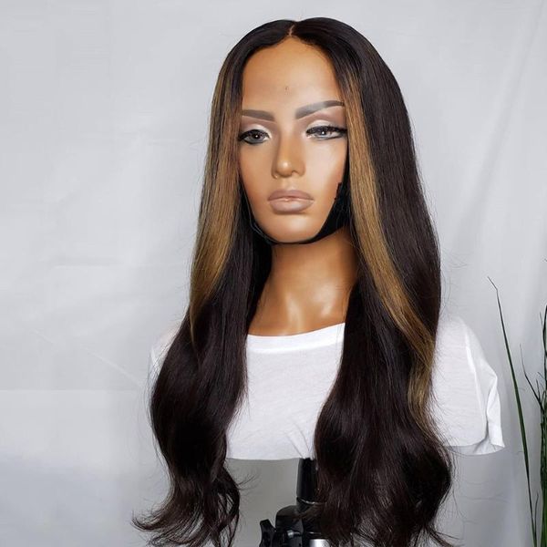 

2x6 invisible straight wig honey ombre color highlight wig 150% lace front human hair wigs for women remy brazilian pre plucked, Black;brown