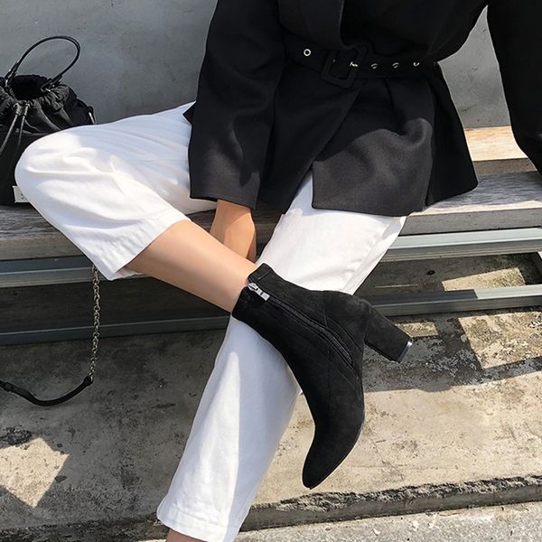 

fashion women's boots round toe nude boots thick 4cm/6cm ladies all-match brown/black/apricot mid-heeled shoes size 33-42